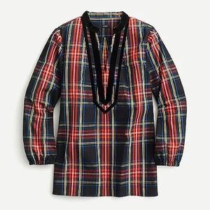 NWT J.Crew Velvet-trimmed V-neck tartan tunic